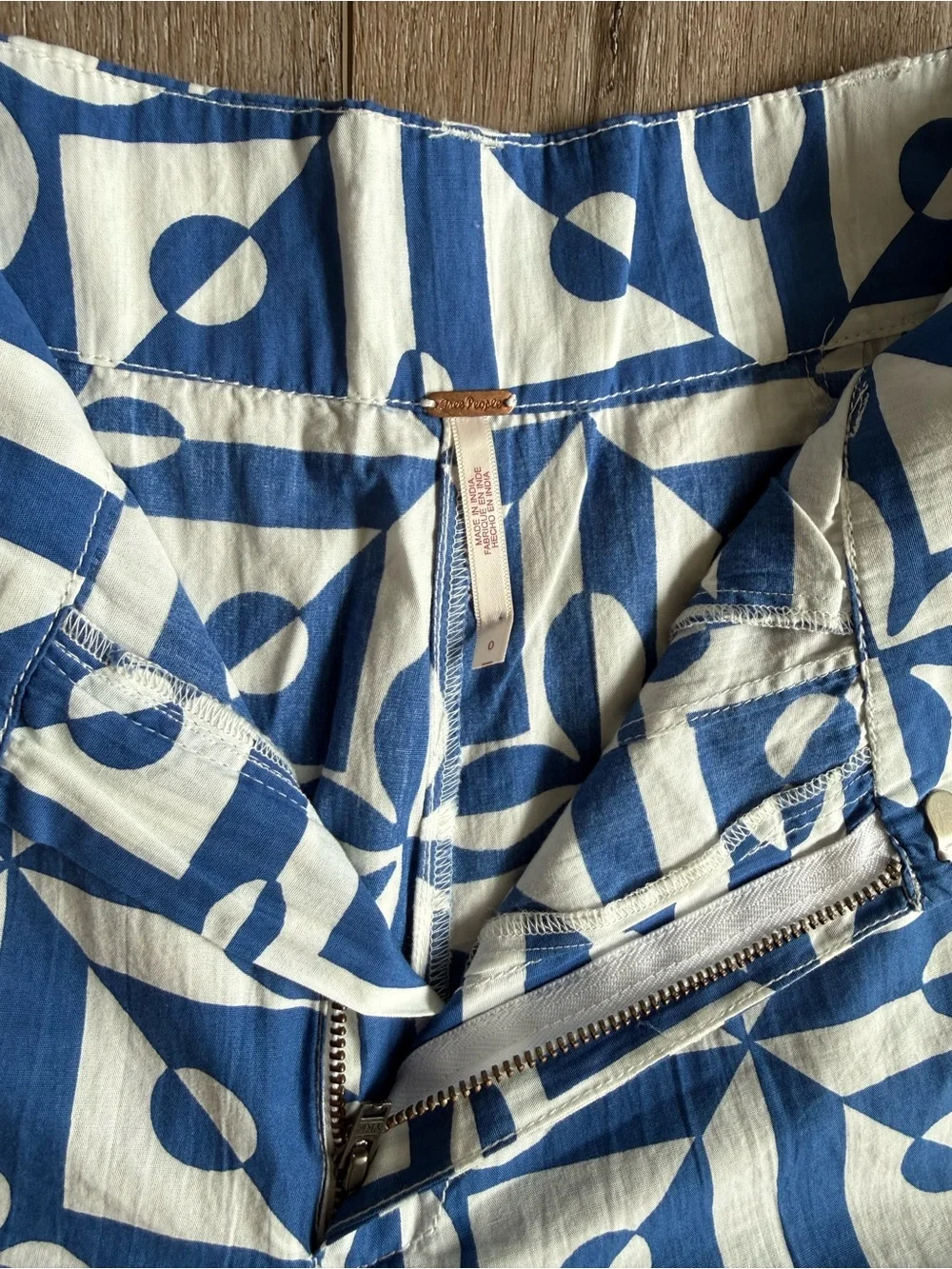 Free People Blue and White Geometric Cropped Wide-Leg Pants
